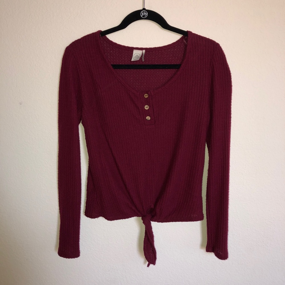 Maroon Waffle Knit Long Sleeve Sweater Top